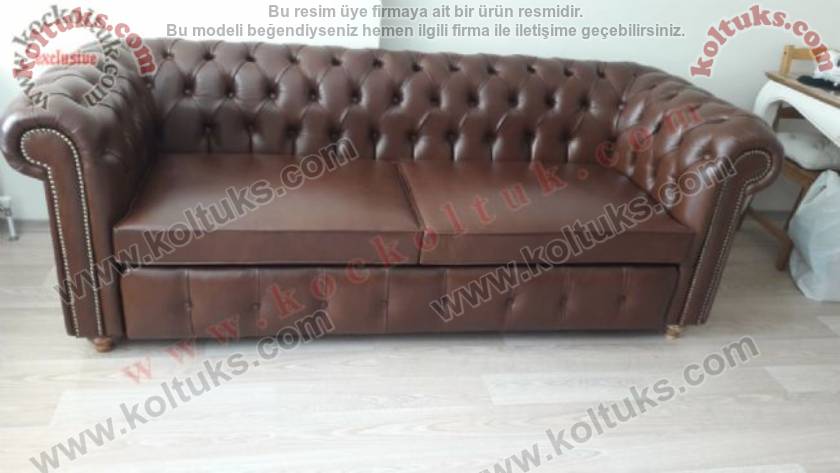 GERÇEK DERİ KAHVERENGİ ÜÇLÜ CHESTER KOLTUK