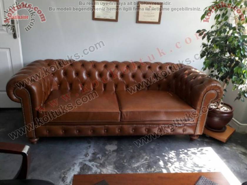 GERÇEK DERİ KAHVERENGİ ÜÇLÜ CHESTER KOLTUK